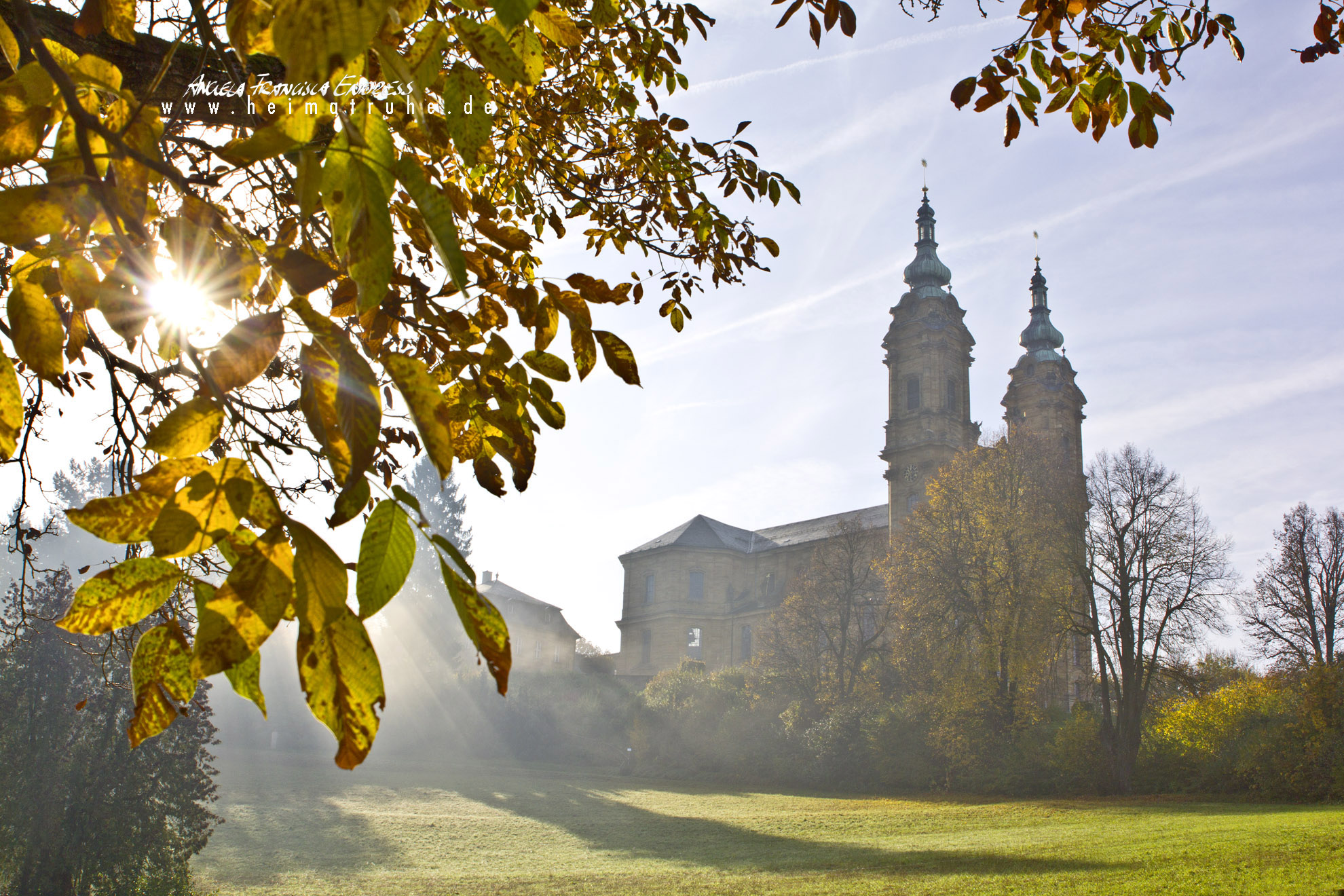 Basilika Vierzehnheiligen im Herbst mit Nebel, Sonnenlicht strahlt durch goldene Walnussblätter